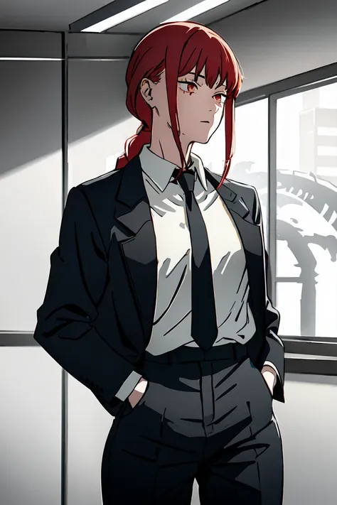 1girl absurdres black_necktie blood_halo bloody_halo braid braided_ponytail building business_suit chainsaw_man collared_shirt d...