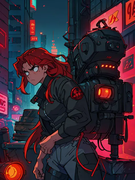 A cinematographic scene of a serious badass long red hair girl with black techwear clothes, Neon lights and buildings background