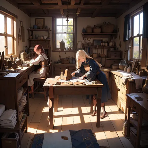 Depict a medieval sewing room bustling with activity. The scene should include wooden tables cluttered with fabrics, spools of thread, and sewing tools. Include artisans in period-appropriate clothing, skillfully working on garments. The room should have l...