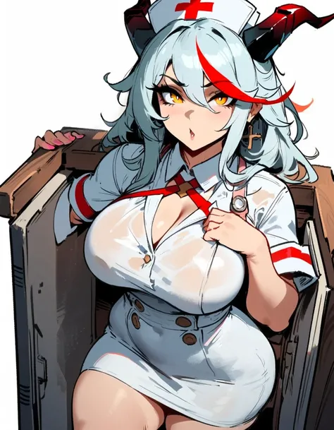 1girl, aegir (azur lane), azur lane  masterpiece, best quality, very aesthetic, absurdres, newest  sportive body,   by nyantcha,,by cutesexyrobutts,by khyle ///// white hair with a single prominent red streak, black horns, yellow eyes,  , white (nurse outf...