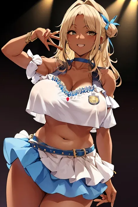 masterpiece, Highest quality, High resolution, eat, Long Hair, Single hair bun, Hair Ribbon, Blue choker, Idol, jewelry, clavicle, Cleavage, dress, Short sleeve, Layered skirt, badge, smile, Are standing, Cowboy Shot, stage, Open your mouth, Reaching out, ...