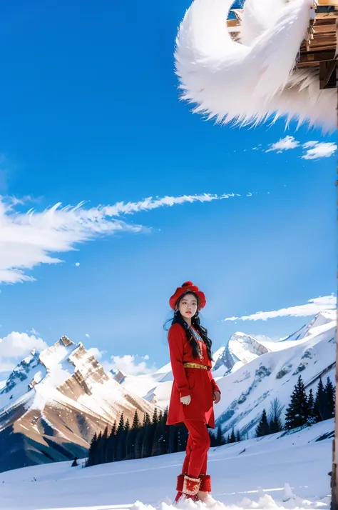 (masterpiece, best quality:1.2),red Tibetan clothing,1 Tibetan girl, blue sky, cloud, cloudy sky, day, earrings,Plush hat, horizon,Tibetan Earrings,jewelry,necklace, lips,snow mountain, outdoors, parted lips, red lips, solo,flat chest,full body,slender leg...