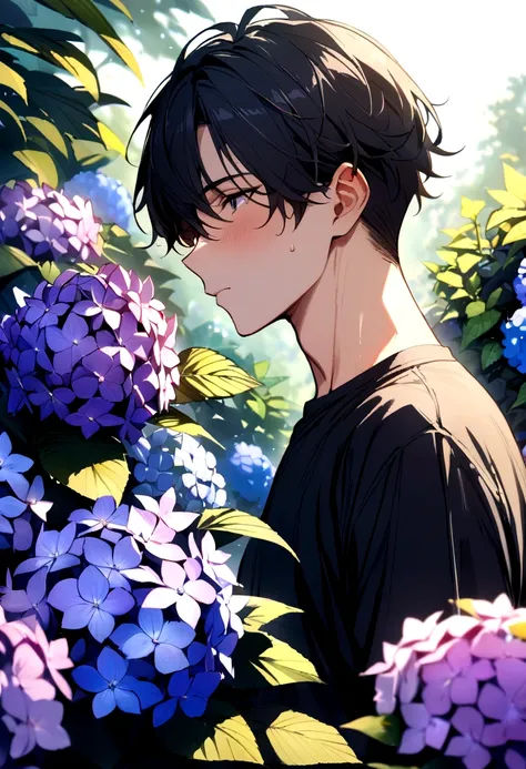 (masterpiece, best quality),1boy with black hair , hydrangea