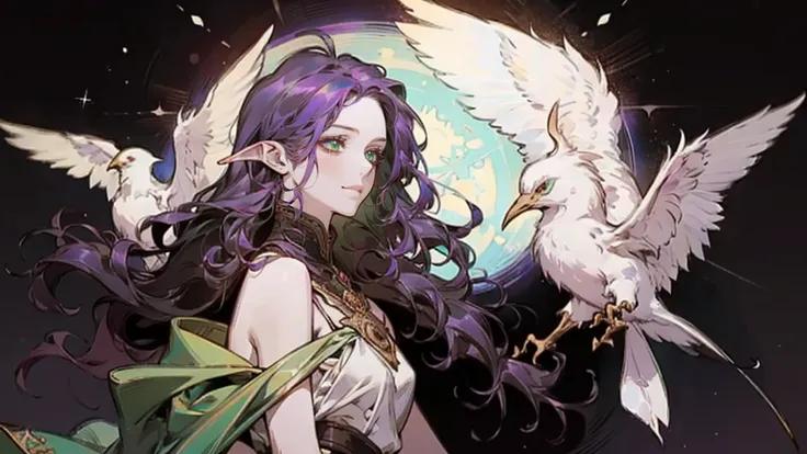 A beautiful, elegant girl with purple hair, green eyes and pale skin. Her hair is long and curly, she has two pretty tufts on the sides. She is an elf girl. elf ears. (slight smile). black background. magic bird