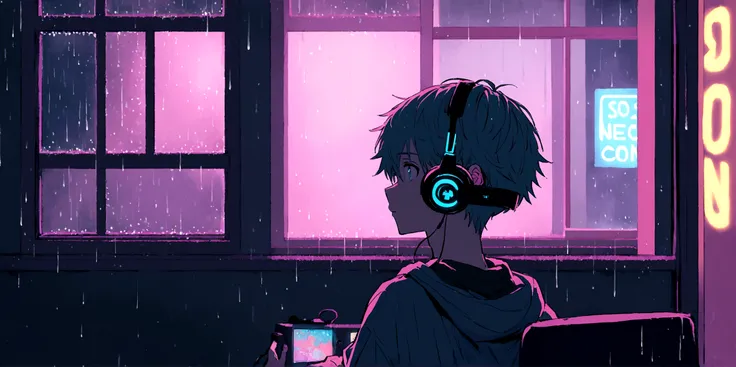 an 16 years old gamer anime boy, looking at computer, so many neon lights, night, rain outside, cozy room, closed window, boy an...