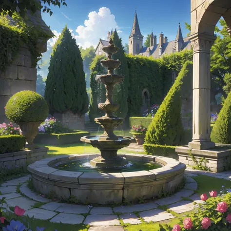 Imagine a serene medieval castle garden nestled within the ancient stone walls. Picture lush greenery, neatly trimmed hedges, and colorful flowers arranged in symmetrical patterns. Statues and fountains adorned with moss add a sense of history and grandeur...