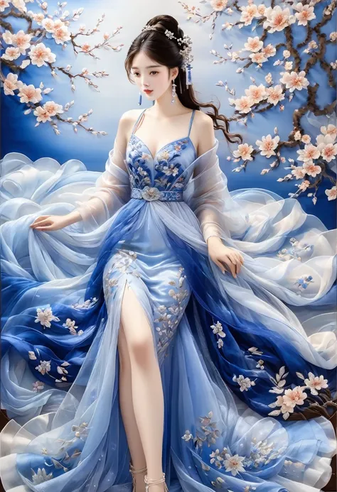 embroidery，Three-dimensional embroidery，(A picture of blue ornate Suzhou embroidery hangs on the wall）,blue-white petals, Silk material embroidery, Inspired by Yao Jianping’s dream of Su embroidery works，translucent，abundant cleavage,painting on silk, alco...