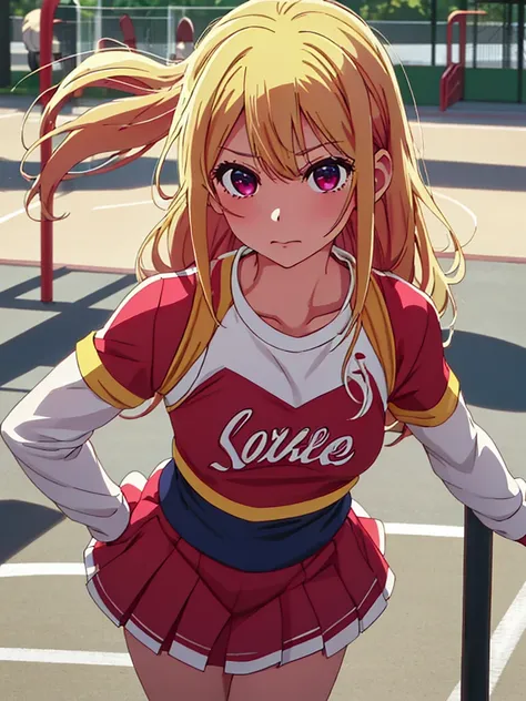 ruby hoshino , 1girl, as a cheerleader, wearing a cheerleader outfit, at a playground, blonde hair, ruby hoshino's amazing eyes,...