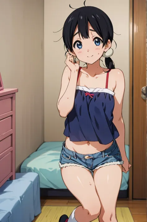  solo, 1girl, tamako kitashirakawa, , looking at viewer, smile, ,,my room,socks,camisole,denim shorts,navel,(Sweating,ahegao)