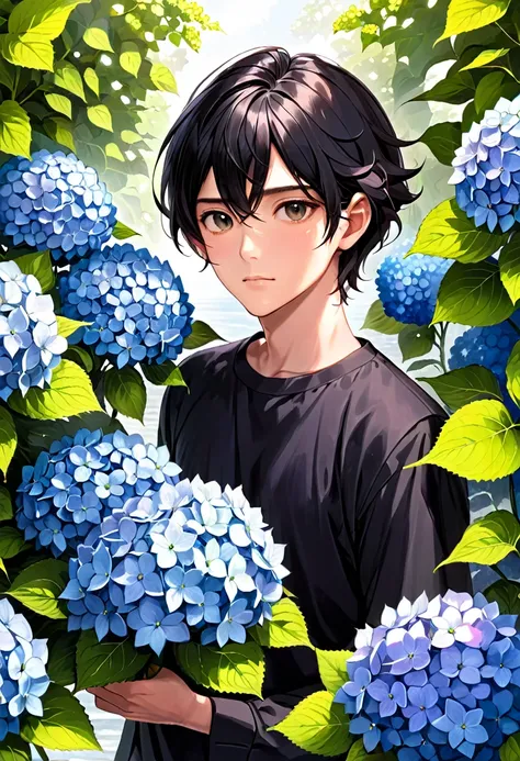 (masterpiece, best quality),1boy with black hair , hydrangea, looking at viewer