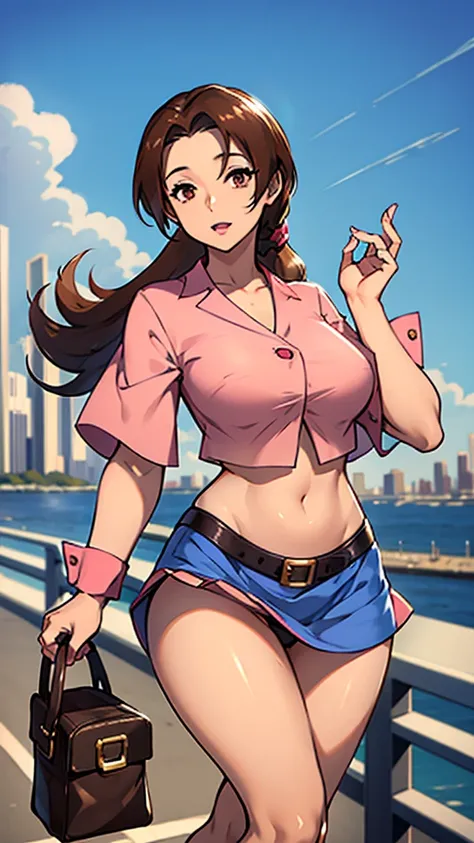 A girl with light skin, sexy, cute, leaders, long brown hair, her brown eye, wears a pink button-down blouse, shows her navel, and a short blue skirt, black shoe, and she travels, flying, sky, city background.