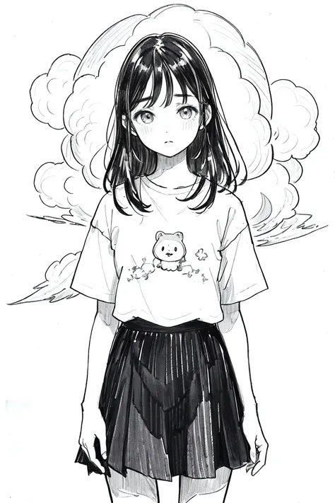 One Girl,Line art,Monochrome,sketch,Pencil drawing,Traditional Media,One Girl, Upper body,Respect,pattern,Cold Background,Beaver ,Delicate body、water、liquid、cloud、, Short sleeve, skirt, alone、(Cute Teenage Girl, alone),Beautiful portrait、Respect、Expression...