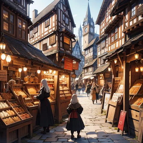 Illustrate a bustling medieval city filled with townsfolk engaged in their daily activities. The scene should be rich with period details: cobblestone streets, half-timbered houses, market stalls overflowing with goods, and townspeople in authentic medieva...