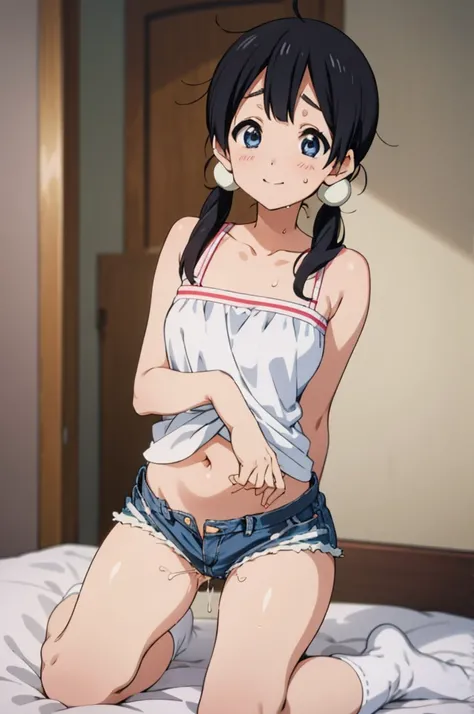  solo, 1girl, tamako kitashirakawa, , looking at viewer, smile, ,,my room,socks,camisole,denim shorts,navel,(Sweating,ahegao),(((Sex)))