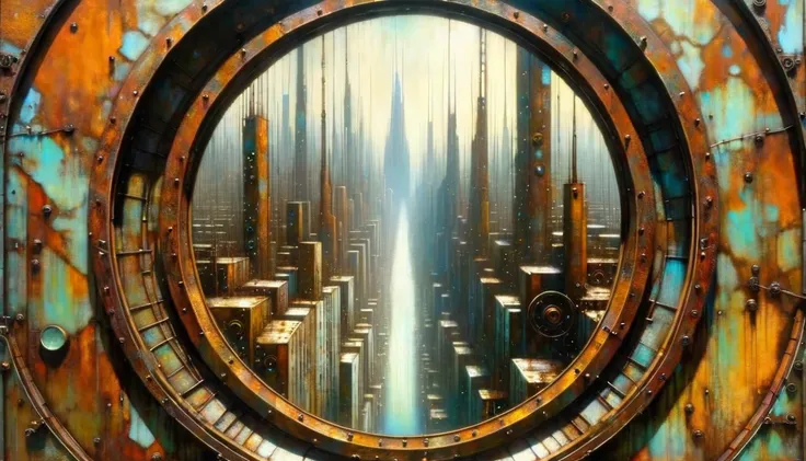 futuristic rusty metal window, circular, circular window shape, views of rusty metal futuristic city, Artwork inspired by Dave Mckean, intricate details, oil painted
