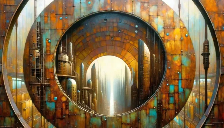 futuristic rusty metal window, circular, circular window shape, views of rusty metal futuristic city, Artwork inspired by Dave Mckean, intricate details, oil painted
