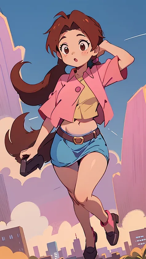 A girl with light skin, sexy, cute, leaders, long brown hair, her brown eye, wears a pink button-down blouse, shows her navel, and a short blue skirt, black shoe, and she travels, flying, sky, city background.