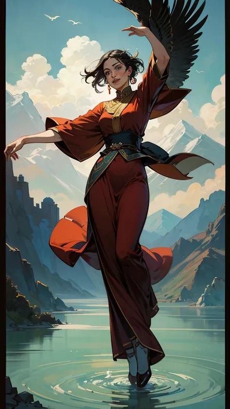 A woman is dancing，Flying Dance，Flying water casing，Flowing placket，joyful expressions，A vast scene in the center of the composition, Best lenses, Dunhuang murals、 mountain water、palaces、high detal、Birds、floating cloud，Fine lines，Best quality, Masterpiece,...