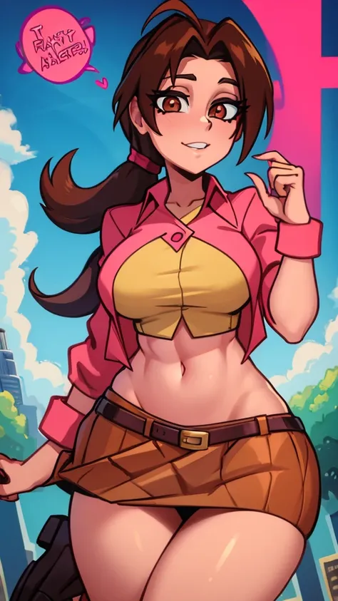 A girl with light skin, sexy, cute, leaders, long brown hair, her brown eye, wears a pink button-down blouse, shows her navel, and a short blue skirt, black shoe, and she travels, flying, sky, city background.