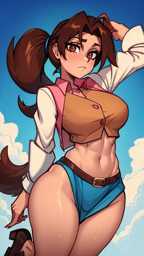 A girl with light skin, sexy, cute, leaders, long brown hair, her brown eye, wears a pink button-down blouse, shows her navel, and a short blue skirt, black shoe, and she travels, flying, sky, city background.