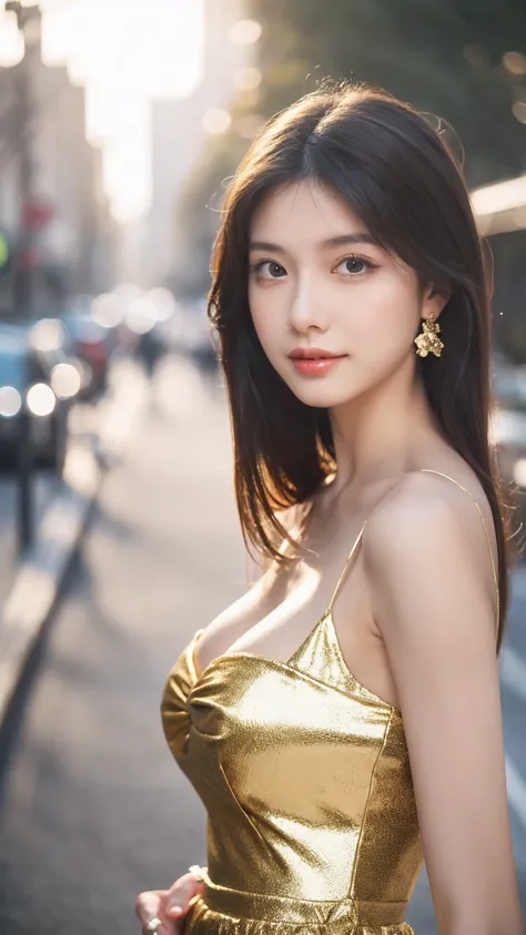 ((Best quality, 8K, masterpiece:1.3))，1girl，18 years old，Asian，Real texture:1.3，(Background blur:1.1)，Gorgeous long dress，Tall and slender figure:1.2，(Hot summer weather)，（street:1.3），Highly detailed face and skin textures，Exquisite eyes，Long eyelashes，Dou...