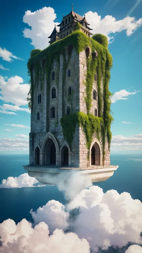 This image is、It depicts a magnificent island floating in the air.。The island is surrounded by clouds、Floating in the air。The island is dominated by ancient megalithic structures with circular designs.、It is reminiscent of a fortified city or castle.。The s...