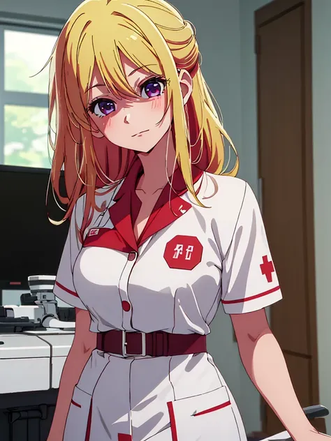 ruby hoshino , 1girl, as a nurse, wearing a nurse uniform, at a hospital , blonde hair, ruby hoshino's amazing eyes, 8k, high de...