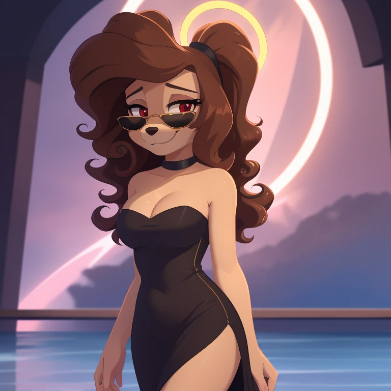 dixie, strapless tight dress, cleavage, two-tone hair (brown hair, black tip)), curly hair, halo, sunglasses, jewelry, red eyes,...