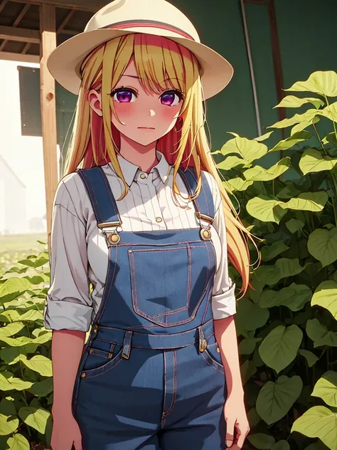 ruby hoshino , 1girl, as a farm girl, wearing a farm outfit with overalls and hat, at a vegetable farm, blonde hair, ruby hoshin...