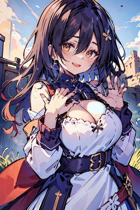 (masterpiece:1.2), (high quality:1.2), (hui xiyi:0.65), rekkyo sensen, rekkyou sensen, girls with((black hair, (tits cleavage:1.15), (waving is hands:1.2), (breasts close up:1.15), (suspenders:1.2), (dress:1.65), (blue clothes:1.05), (belts:0.7), (frills s...