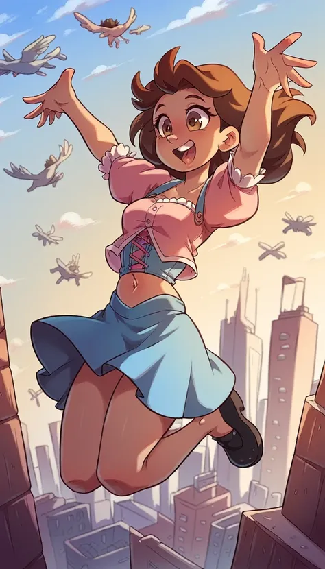 A girl with light skin, sexy, cute, leading, long brown hair, her brown eye, dresses in a pink button corset, shows her navel and a short blue skirt, black shoe, she travels, flying, sky, city background.