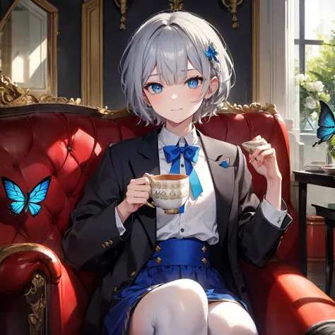 (((1 person　Gray Hair　Gold-edged sofa　blue eyes)))　((High resolution　short hair　Noble clothes　Rin々Funny face　Cat))　((Close-up))　((Blue Butterfly　Asahi　Shining Aura　Holding a cup　Drinking tea))　(smile　Bathed in light)　Shining Background　Shining Edge