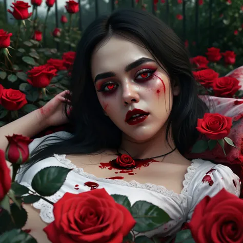 Relistic photography of a woman lying on a bed of blood with a rose garden in the background, Horrible background, horror!! Highly detailed, cursed images, still from animated horror movie, Gapmoe Yandere, Laying on roses, Detailed digital art, Her eyes bl...