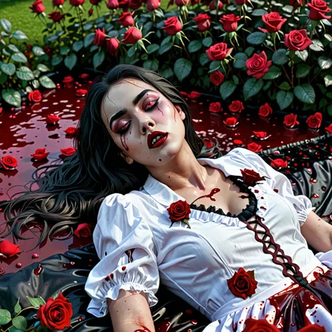 Relistic photography of a woman lying on a bed of blood with a rose garden in the background, Horrible background, horror!! Highly detailed, cursed images, still from animated horror movie, Gapmoe Yandere, Laying on roses, Detailed digital art, Her eyes bl...