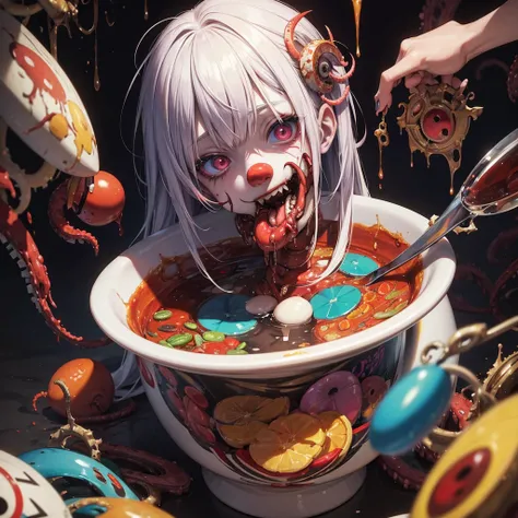 anime model , a painting of a zombie eating a bowl filled with various pharmaceutical PILLS, a hyperrealistic painting, by Jason Edmiston, cutecore clowncore, mixture of creatures with tentacles, horror wallpaper aesthetic, greg beeple, clown, art represen...