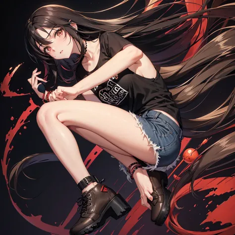 anime style, 25 year old woman, black hair and mascara eyes, wearing a super large and loose black t-shirt, denim shorts, light brown ankle boots, untied shoelaces, red polka dot bracelet, black background