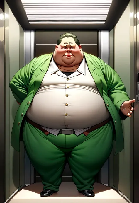  A fat lady wearing green coat standing in an elevator with a thin weak boy
