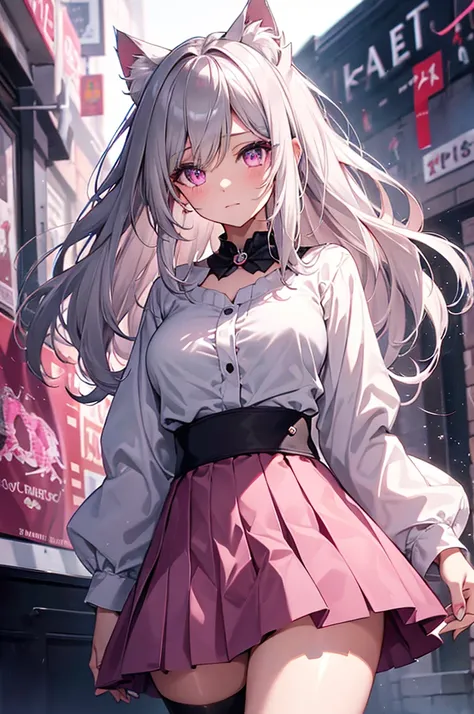 Highly detailed face,fine grain,Sparkling eyes,Highlighted eyes,Medium chest,pretty girl, Longing eyes,Cat ear, Beautiful silver hair,Pink inside,Beautiful pink eyes,Oversized shirt,skirt