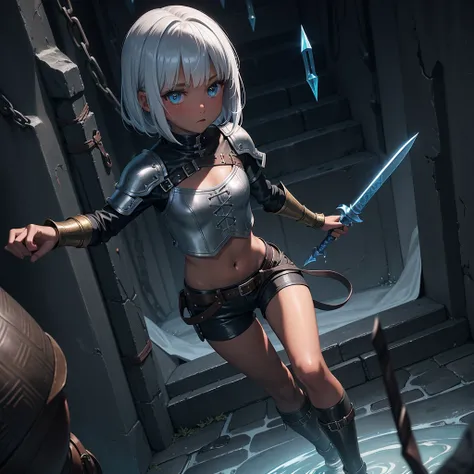 最high quality、high quality、Simple cloth clothing、１０Year-old girl adventurer、Descend the maze stairs、leather armor、Shorts、Equipped with a dagger and a shield、In a dark maze、The body is being swallowed by slime