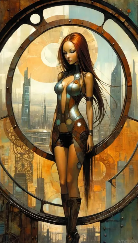 full body sexy girl long hair, futuristic sexy girl, futuristic rusty metal window, circular, circular window shape, views of rusty metal futuristic city, Artwork inspired by Dave Mckean, intricate details, oil painted
