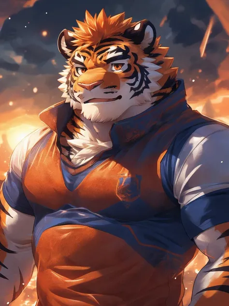 human nature, Wildlife, male,18 years old， solitary, ((Round Face, The face is plump,Orange eyes,Thick orange hair，With scars)), ((Endomorph, Handsome，Hot Blood)), (Sportswear，Clothes Damaged), ((domestic tiger, tiger，) Fluffy fur, Fluffy), Bokeh, (high qu...