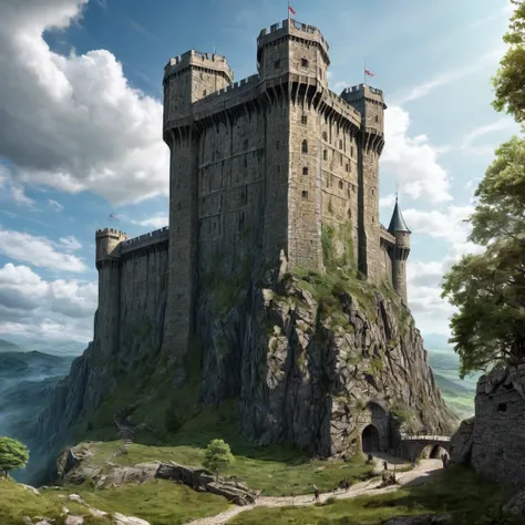 (best quality)), ((masterpiece)), ((realistic,digital art)), (super detailed), gigantesque forteresse en gneiss occupant toute la vue, very important fortifications, (gigantic, very slender towers), (medieval fantasy style), view from the ground