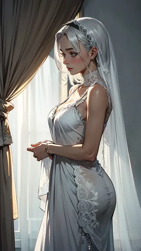 veil, gray curtains, white hair, gray white, Guvez&#39;s artistic style, A arrogant and indifferent girl, Squinting in half, white eyeball, timid, national style, Grey-White