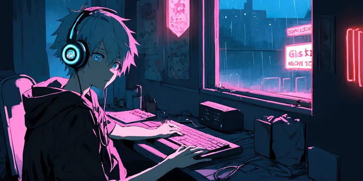 An 16 years old gamer anime boy, looking at computer, so many neon lights, night, rain outside, cozy room, closed window, boy and computer is close to window, boy wears gamer headphone, boy is at left, high quality face and eyes