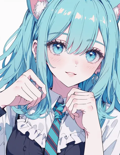 smile, wariza, casual, ((masterpiece, best quality:1.5)), ((Beautiful detailed cat aqua eyes:1.2)), cat ears, pale skin, large breasts, beautiful hands, beautiful fingers, EasyNegative