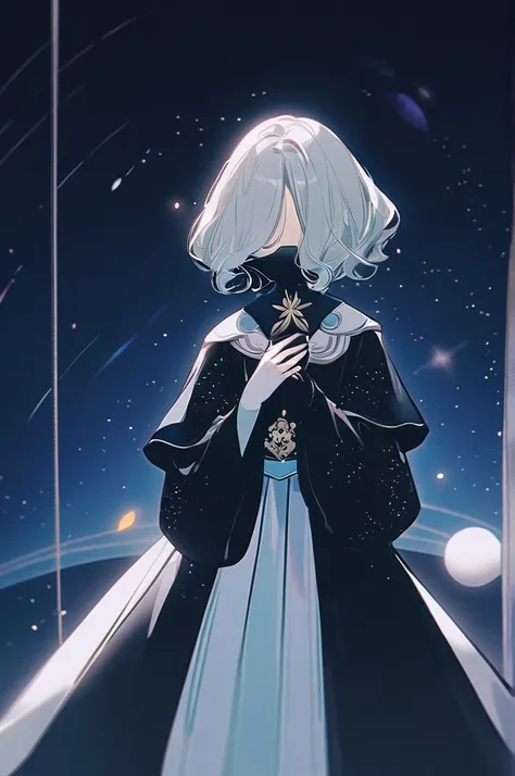 ((Лучшее качество)), ((шедевр)), (подробный), The girl stands facing the sky and covers her face with her hand.   the sky in space style