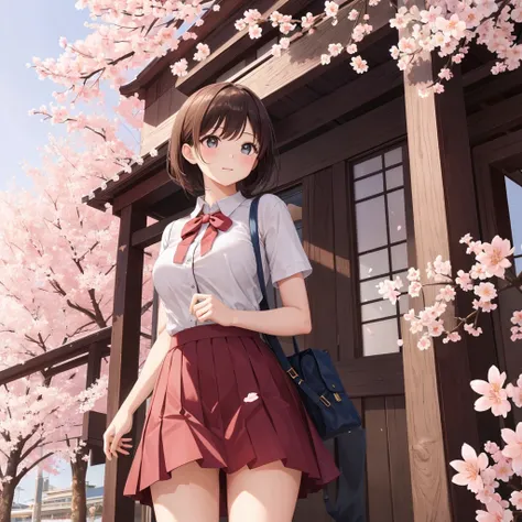 masterpiece, Highest quality, High resolution, Very detailed, Detailed Background, Cinema lighting, 1 Girl, cute, Medium Breast, , Skirt Lift, Public Indecency, Looking at the audience, building, Outdoor, cherry blossoms, Bokeh,