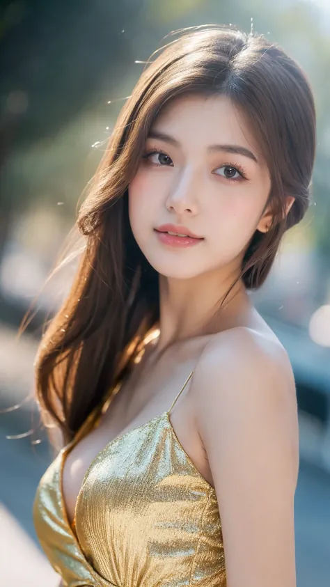 ((Best quality, 8K, masterpiece:1.3))，1girl，18 years old，Asian，Real texture:1.3，(Background blur:1.1)，Gorgeous long dress，Tall and slender figure:1.2，(Hot summer weather)，（street:1.3），Highly detailed face and skin textures，Exquisite eyes，Long eyelashes，Dou...