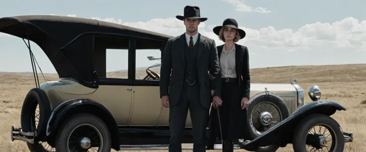 a photo of a man and woman standing next to an old 1920s car, as illustrated in top cow comics, in the old west, featured on dribbble, kinos journey (2003), mystery and detective themed, valve promotional splash art, the american gothic painting, ( ( large...