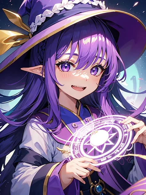 Wizard、One girl、Tongari hat、Purple Hair、long hair、magic circle、Big Eyes、Smile with your mouth closed、Highest品質, High definition, Ultra-fine, Highest_detailed